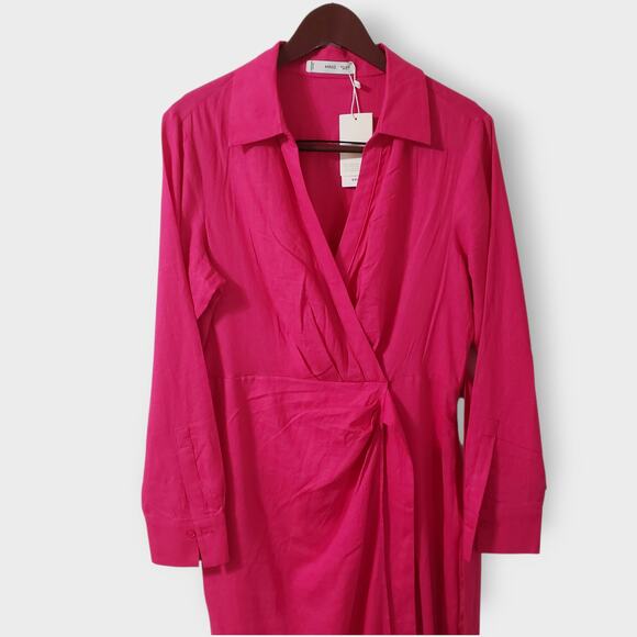 NWT Mango MNG Linen Blend Wrap Maxi Dress Hot Pink Sz 8 Coastal Vacay Casual - Picture 2 of 14